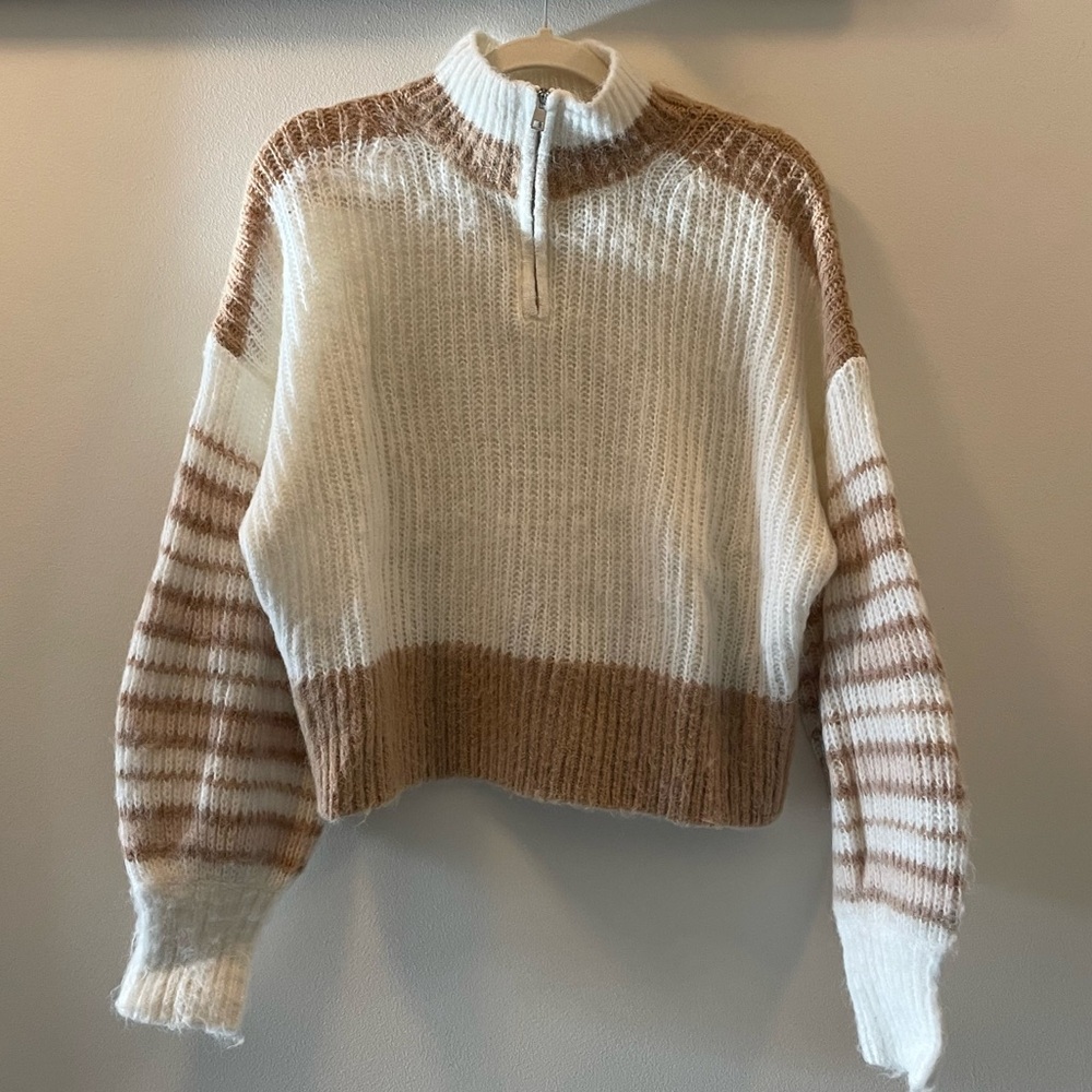 French Connection Nika Half Zip Cropped Knit Sweater Cream White Size S